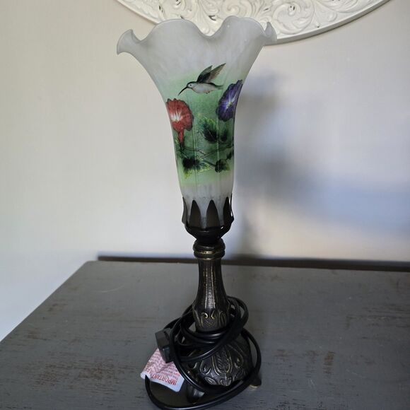 Vintage Tulip Electric Lamp Crimped Frosted Glass Hummingbird Floral Metal Foot - Picture 3 of 10